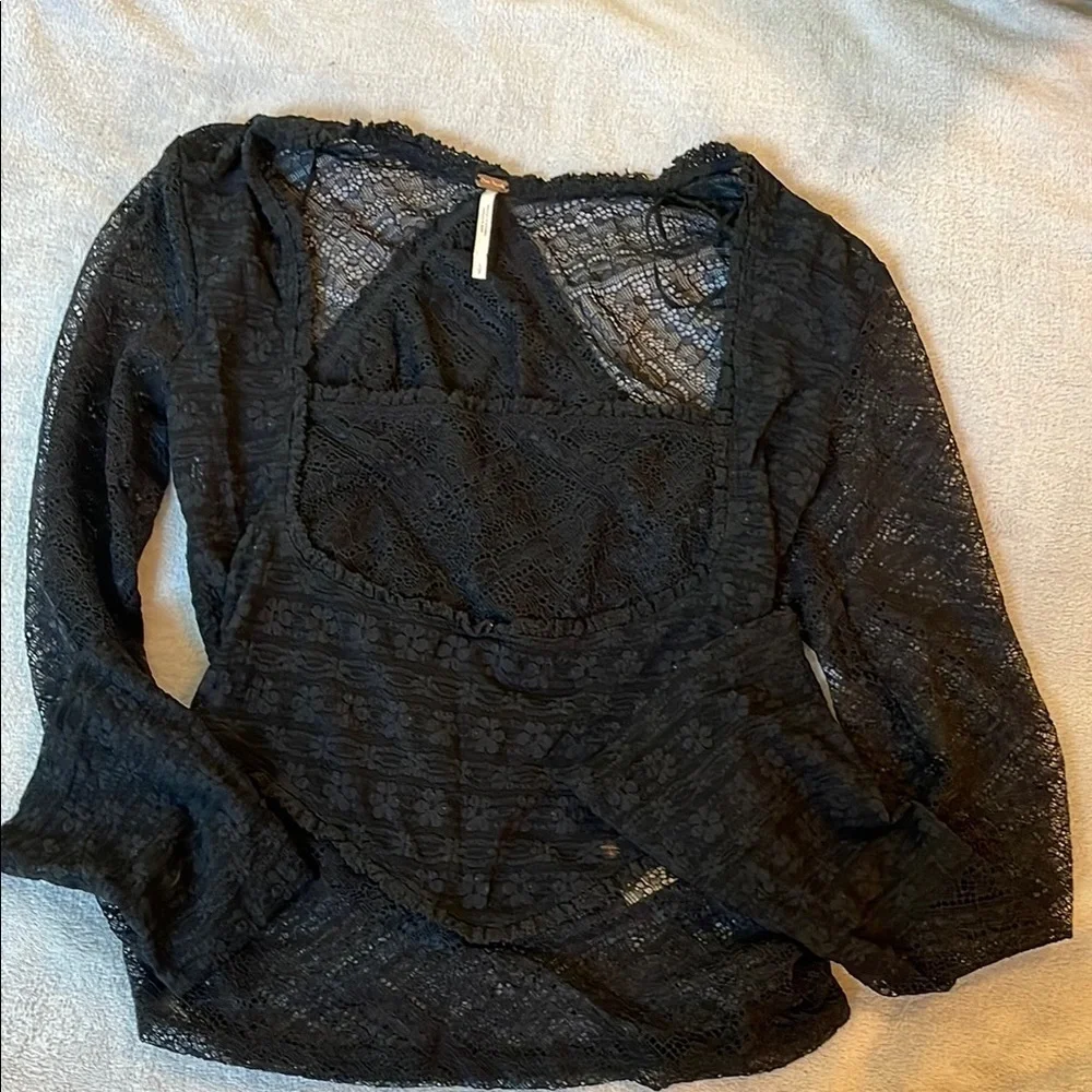 Free People Black Lace Detail Fitted Blouse